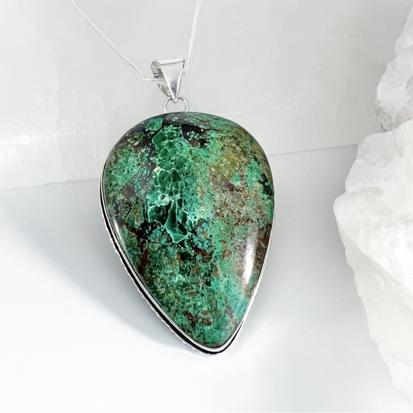 *SOLD*LARGE Chunky Chrysocolla Gemstone Pendant Necklace Sterling Silver 925 New - Picture 2 of 8